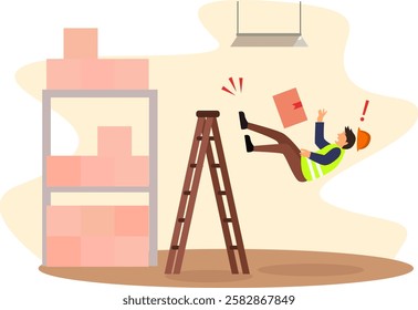 industrial worker fell while climbing a ladder at the workplace, work safety regulations concept, a worker in a helmet slips and falls