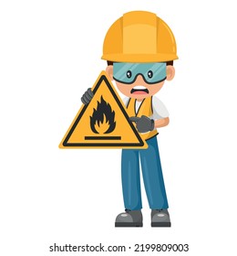 Industrial worker with flammable material hazard sign warning. Caution pictogram and icon. Worker with personal protective equipment. Industrial safety and occupational health at work