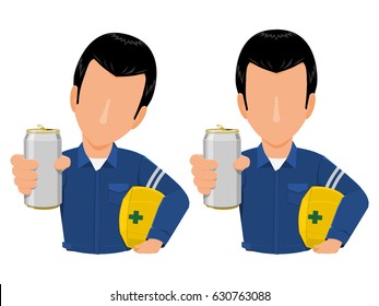 Industrial worker is giving an soft drink can on transparent background
