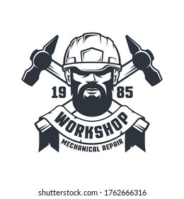 Industrial worker in hard hat and crossed hammers - retro logo. Mechanical workshop with tools and handyman in helmet. vector illustration