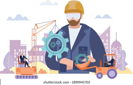 Industrial worker with heavy-duty moving equipment and gear wheel on a crane against a cityscape background, colored vector modern flat illustration