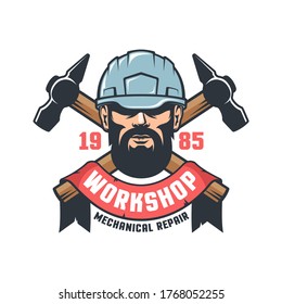 Industrial worker in helmet vintage logo. Mechanical workshop with hammers and bearded man in hard hat. vector illustration