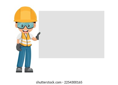 Industrial worker with his personal protective equipment holding poster or banner with space for text for advertising, presentations, brochures. Industrial safety and occupational health at work