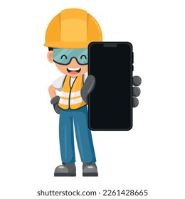 Industrial worker with his personal protective equipment with mobile phone. Industrial safety and occupational health at work