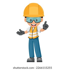 Industrial worker with his personal protective equipment pointing his finger. Expressing an idea and indicating with the index finger. Industrial safety and occupational health at work