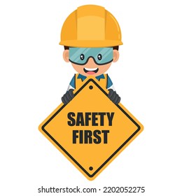 Industrial Worker Holding Safety First Sign Stock Vector (Royalty Free ...