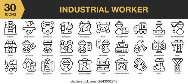 Conjunto de ícones de Trabalhador Industrial. Inclui indústria, industrial, trabalhador, engenheiro, fábrica, trabalho e muito mais. Contornar coleção de vetores de ícones.