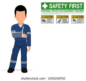 An industrial worker with injured arm on transparent background
