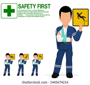 An Industrial Worker With Injured Arm Is Presenting Warning Sign On Transparent Background
