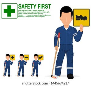 An Industrial Worker With Injured Foot Is Presenting Warning Sign On Transparent Background
