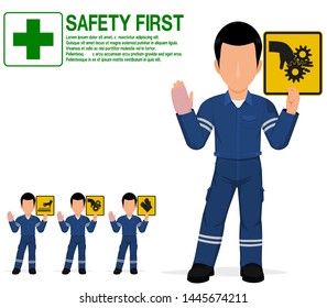 An industrial worker with injured hand is presenting warning sign on transparent background
