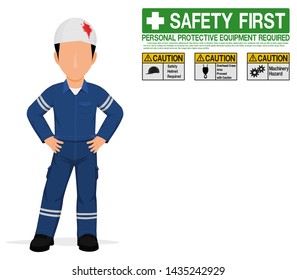 An industrial worker with injured head on transparent background
