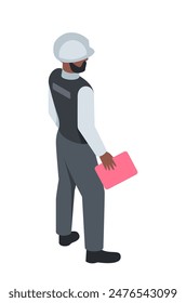 Industrial worker isometric icon. Man contractor with documents controls quality of work at enterprise and production. Factory employee in helmet. 3D vector illustration isolated on background