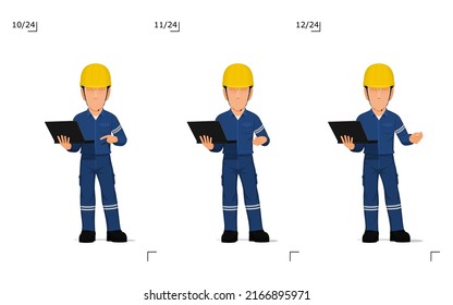 An industrial worker with laptop is explaining something on white background

