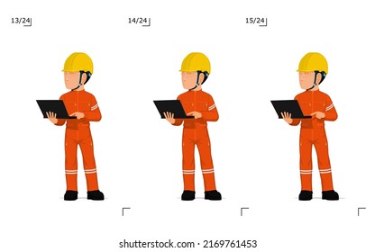 An industrial worker with laptop is explaining something on white background
