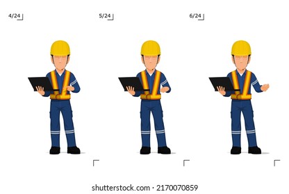 An industrial worker with laptop is explaining something on white background
