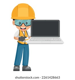 Industrial worker with laptop for project management. Industrial safety and occupational health at work