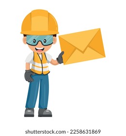 Industriearbeiter mit Briefumschlag für E-Mail. Konzept der Kommunikation, Benachrichtigung und Kontaktaufnahme. Arbeitsschutz und Gesundheitsschutz am Arbeitsplatz