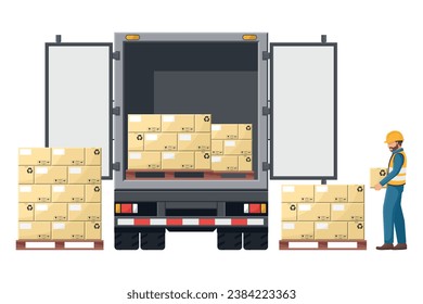 Industrial worker loading boxes into a Isothermal, efrigerated truck for the transportation of perishable foods. Cargo and shipping logistics. Industrial storage and distribution of products