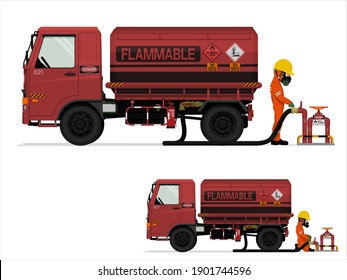 An industrial worker is loading flammable liquid on white background