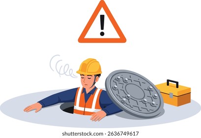 Industrial worker loses consciousness while exiting confined space without proper safety measures, highlighting critical workplace hazard warning