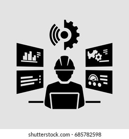 Industrial worker man with helmet working at a computer vector 