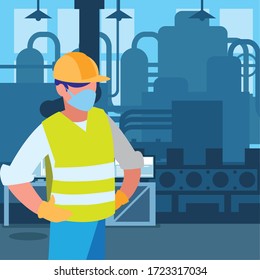 trabajador industrial trabajando con diseño de ilustraciones vectoriales con máscara facial