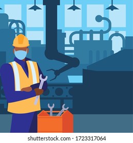 industrial worker man working with face mask vector illustration design