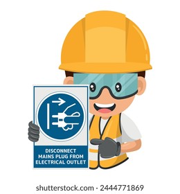 Industrial worker with mandatory sign disconnect mains plug from electrical outlet. Disconnecting the mains plug for the purposes of maintenance. Industrial safety and occupational health at work