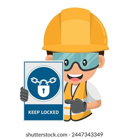 Industrial worker with mandatory sign keep locked. Ensuring that cabinets or facilities containing harmful substances or equipment are kept locked. Industrial safety and occupational health at work