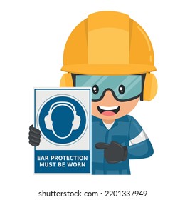 Industrial worker with mandatory use of earmuffs warning sign. Ear protection must be worn. Industrial safety and occupational health at work