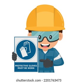 Industrial worker with mandatory use of gloves warning sign. Protective gloves must be worn. Industrial safety and occupational health at work