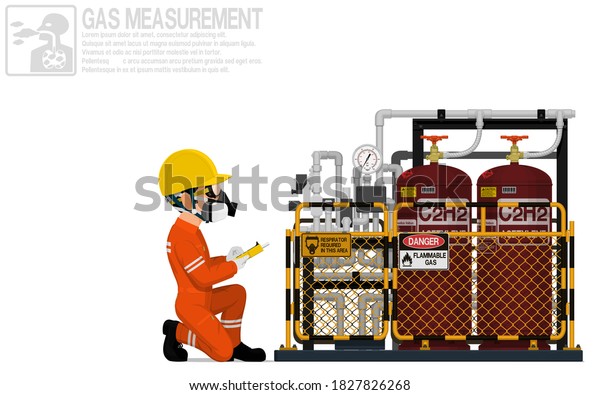An\
Industrial worker is measuring gas leak in the\
air.\
