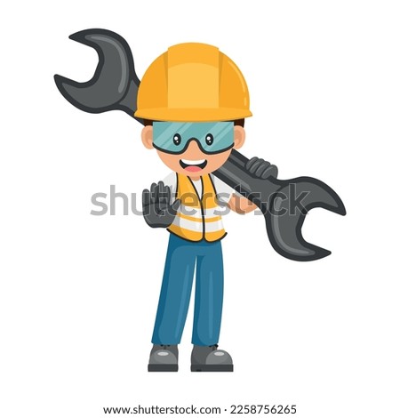 Industrial worker with mechanic wrench with stop sign by hand. Concept of repair, preventive maintenance and technical support. Industrial safety and occupational health at work