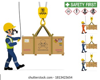 An Industrial Worker Is Moving Hazardous Material By Crane.
