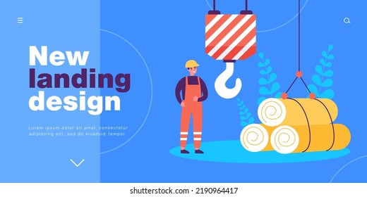 Industrial worker moving heavy construction materials with crane. Man using factory equipment for loading flat vector illustration. Industry concept for banner, website design or landing web page