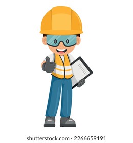 Industrial worker with notepad for project evaluation with thumb up. Construction supervisor engineer with personal protective equipment. Industrial safety and occupational health at work