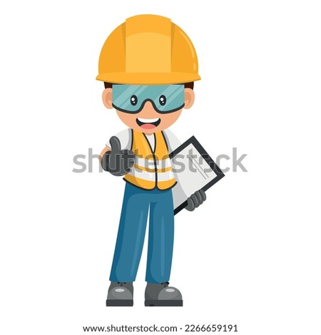 Industrial worker with notepad for project evaluation with thumb up. Construction supervisor engineer with personal protective equipment. Industrial safety and occupational health at work