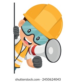 Industrial worker peeking out from behind a wall making an announcement with a megaphone. Concept of communication, notification and contact. Industrial safety and occupational health at work