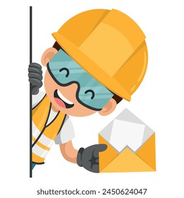 Industrial worker peeking out from behind a wall with open letter envelope for email. Concept of communication, notification and contact. Industrial safety and occupational health at work