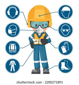 Trabajador industrial con equipo e iconos de protección personal, pictogramas de seguridad. Seguridad industrial y salud ocupacional en el trabajo