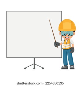 Industrial worker with personal safety equipment giving a talk or industrial safety training. Engineer in a presentation with space for text