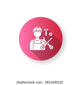 Industrial worker pink flat design long shadow glyph icon. Professional maintenance and installation service. Repairman, handyman with work tools in hardhat silhouette RGB color illustration
