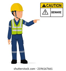 An industrial worker is pointing on white background