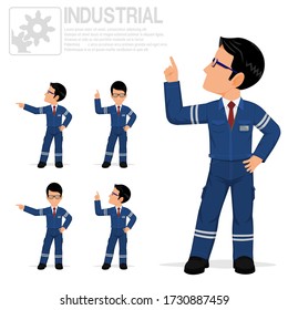 An industrial worker is pointing to something on transparent background
