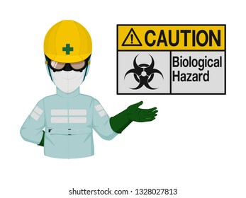Industrial worker presenting bio hazard sign