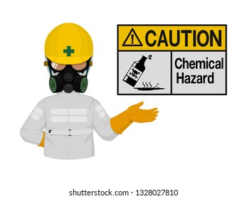 Industrial worker presenting chemical hazard sign