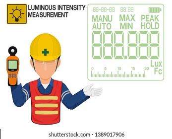 An Industrial worker is presenting display screen of the Lux meter