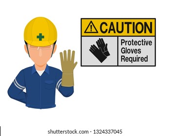 Industrial worker is presenting gloves sign