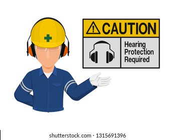 Industrial worker is presenting hearing protection warning sign